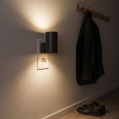 Vega lit in the hallway by the coat hooks, warm light falling across a jacket and shoes