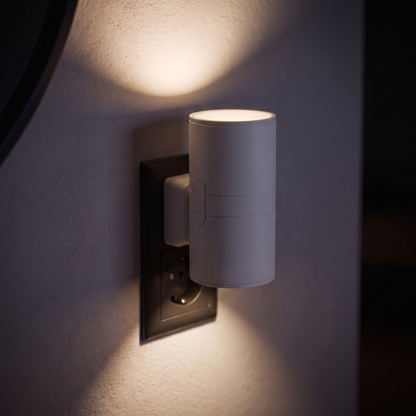 Close-up of Vega in white with its two warm cones of light against the wall