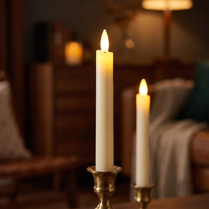Close-up of Vela's flame: an LED shaped like a flame on top of the ivory candle
