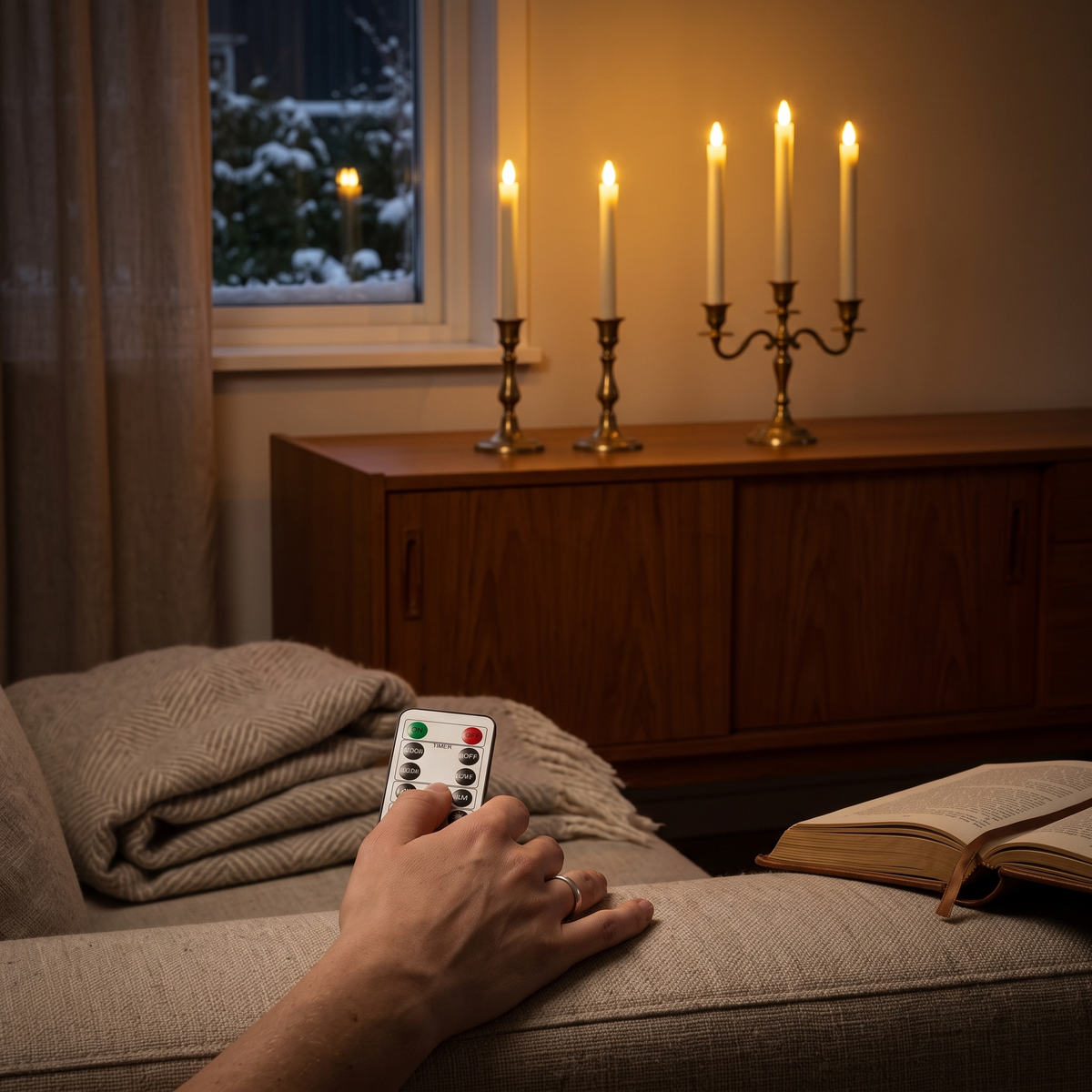 A hand holding Vela's remote control on the sofa, lit taper candles in candlesticks on the sideboard by the window